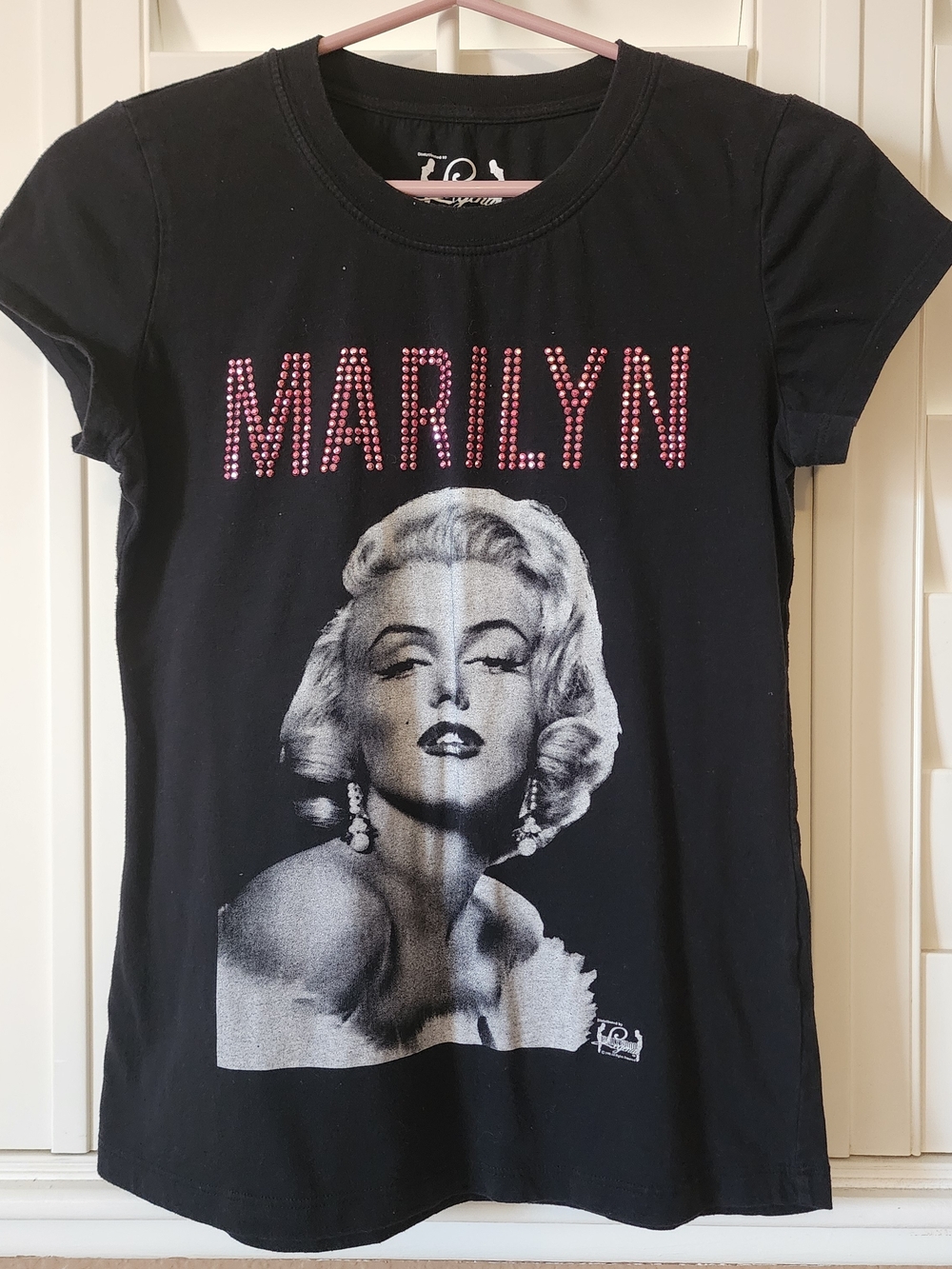 Black Marilyn Graphic Tee with Pink Studded Logo